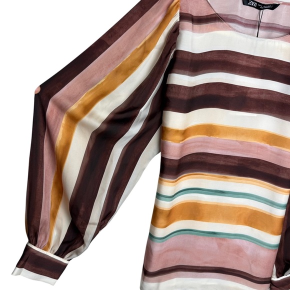ZARA Silky Striped Pullover Blouse Peasant Sleeves Size Small Boho Chic Artsy - Picture 6 of 8